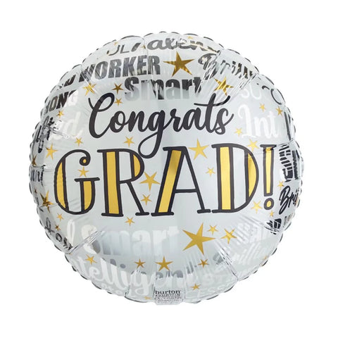 17 inch Congrats Grad Words Black Gold White Graduation Foil Balloon