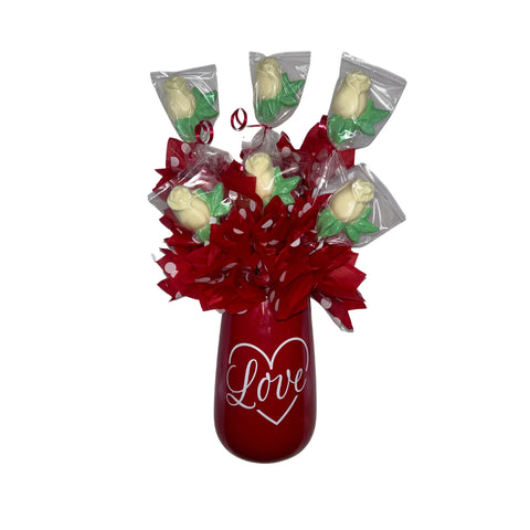 White Chocolate Rose Lollipop Candy Bouquet in Large Red Love Vase