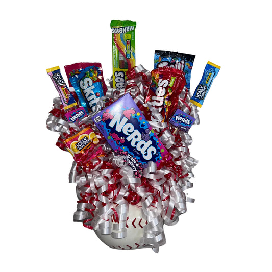 Fruit Flavored & Sour Candy Bouquet with Baseball Ceramic Sports Theme 1500