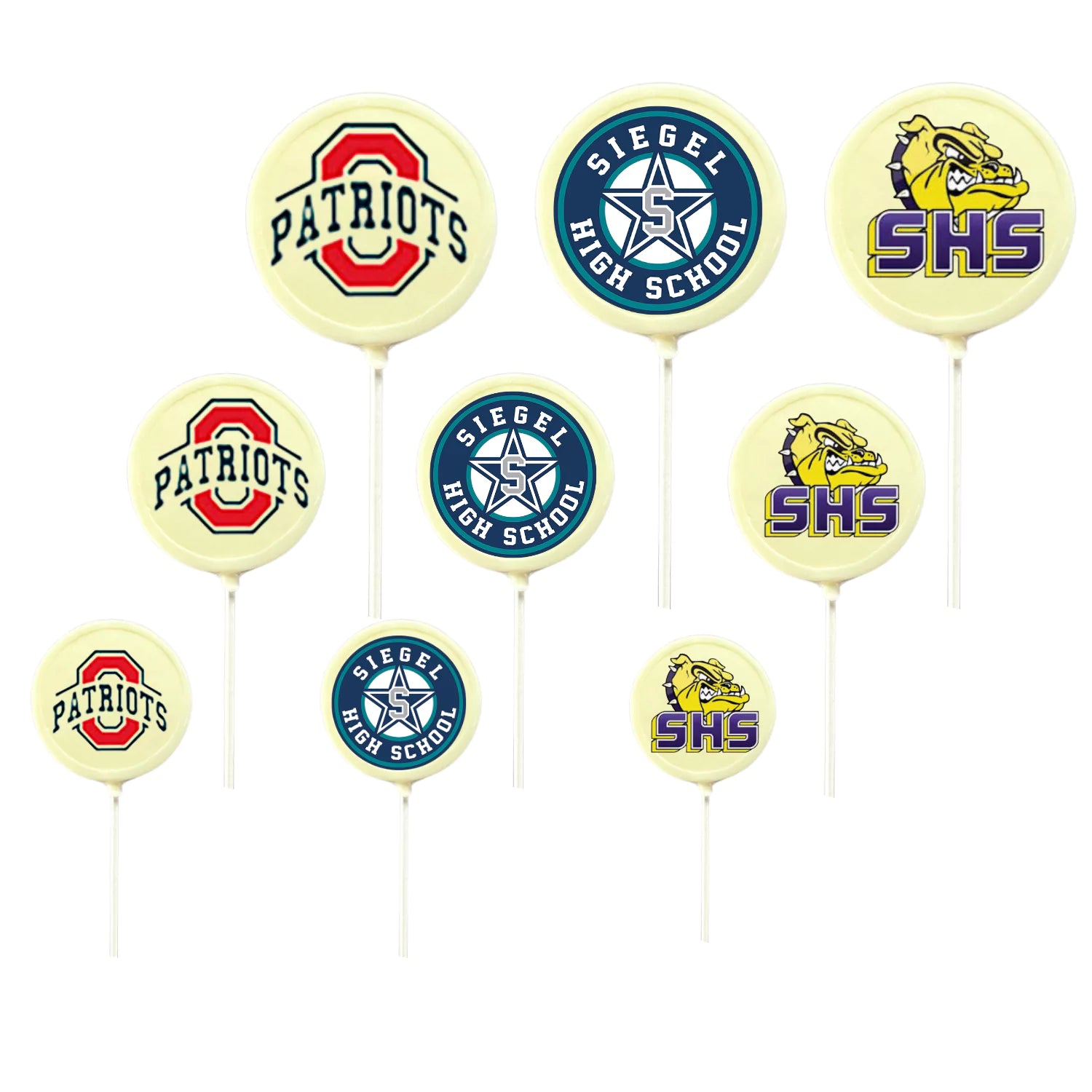 Variety of High School Lollipop Suckers White Chocolate 2 inch, 3 inch, 4 inch