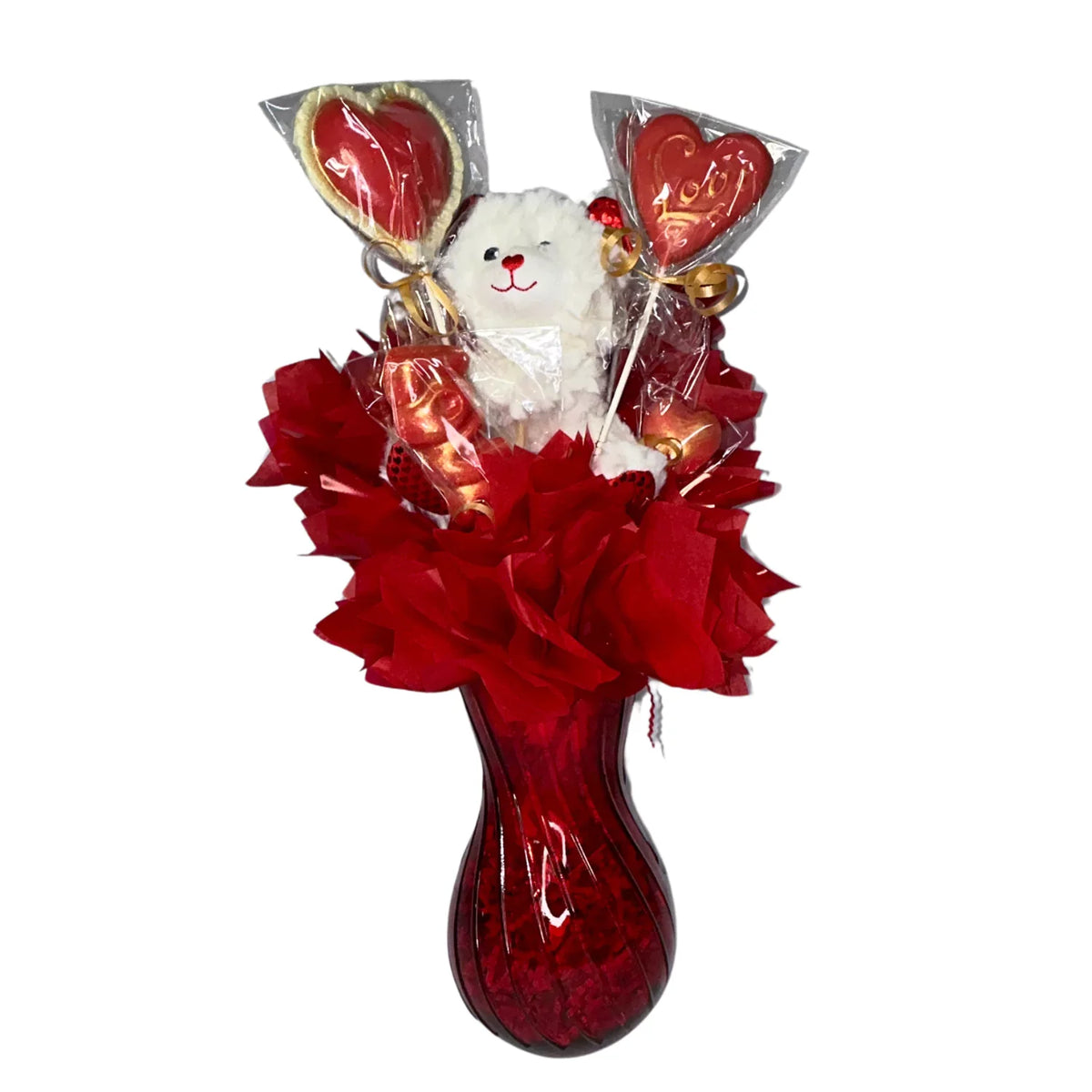 Red Vase Teddy Bear Love Lollipop Suckers Candy Bouquet