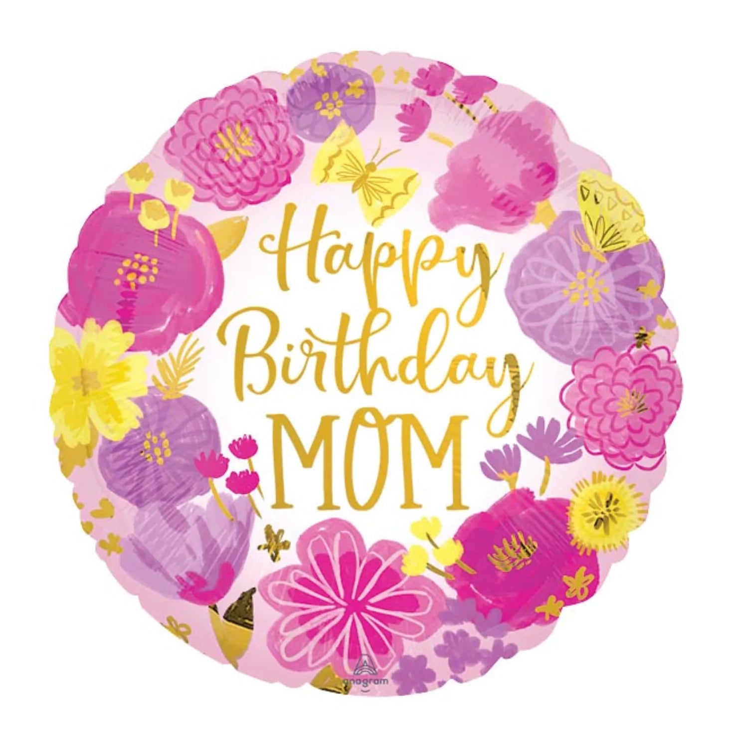 17 Inch Happy Birthday Mom Pink Flowers Gold Foil Balloon 49