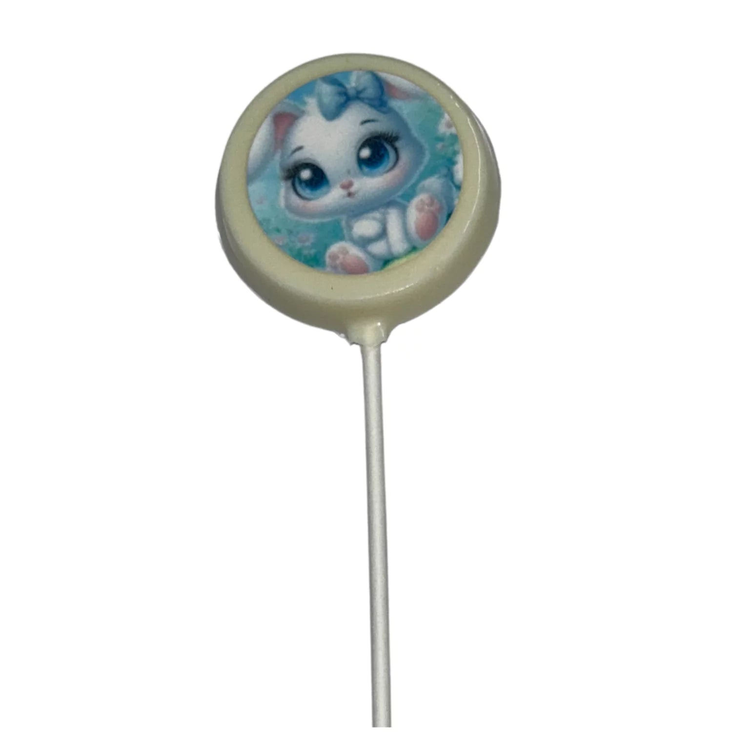 Cute Edible Bunny Images White Chocolate Lollipop Suckers 1.oz Blue Bunny White Chocolate