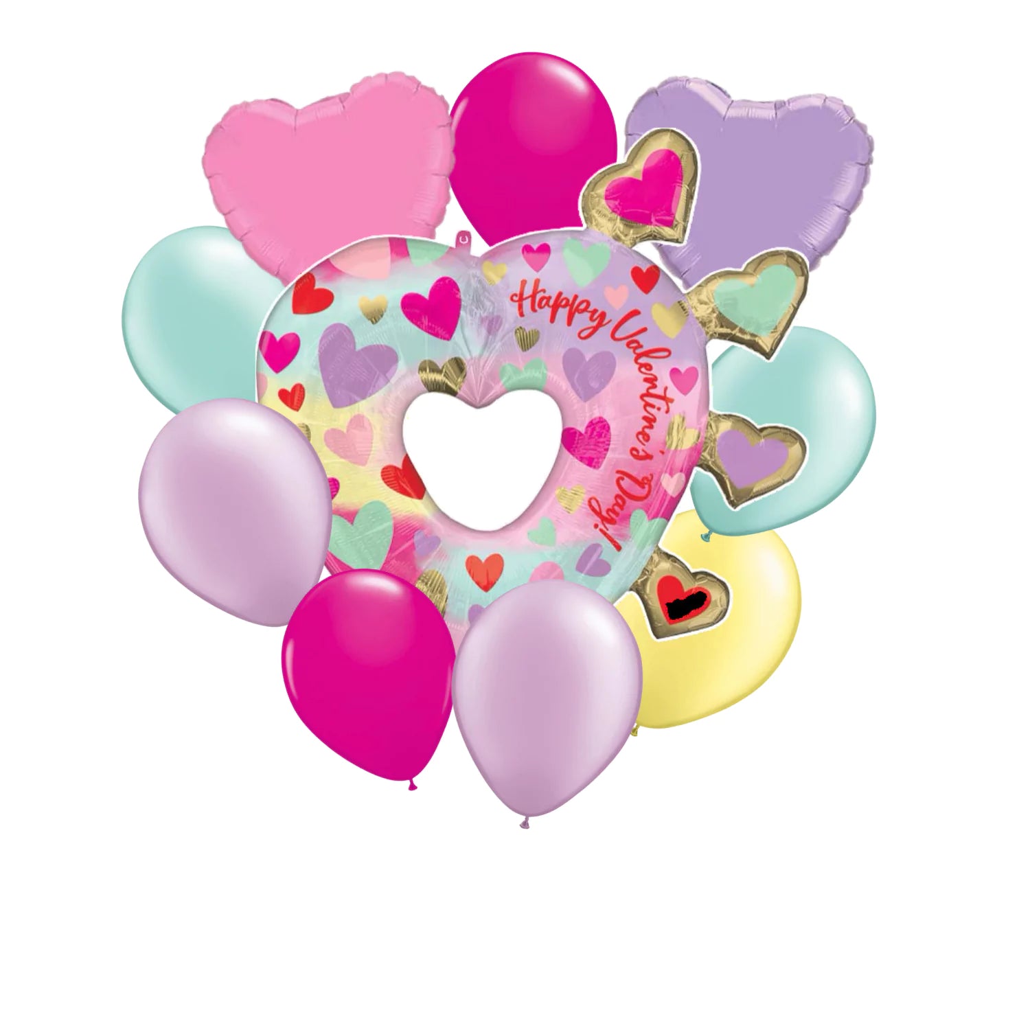 Happy Valentine's Day Balloon Bouquets Oversized Two Solid Hearts + Seven 11" Latex