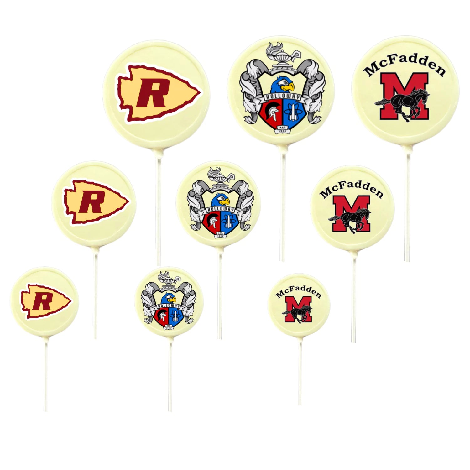 Variety of High School Lollipop Suckers White Chocolate 2 inch, 3 inch, 4 inch